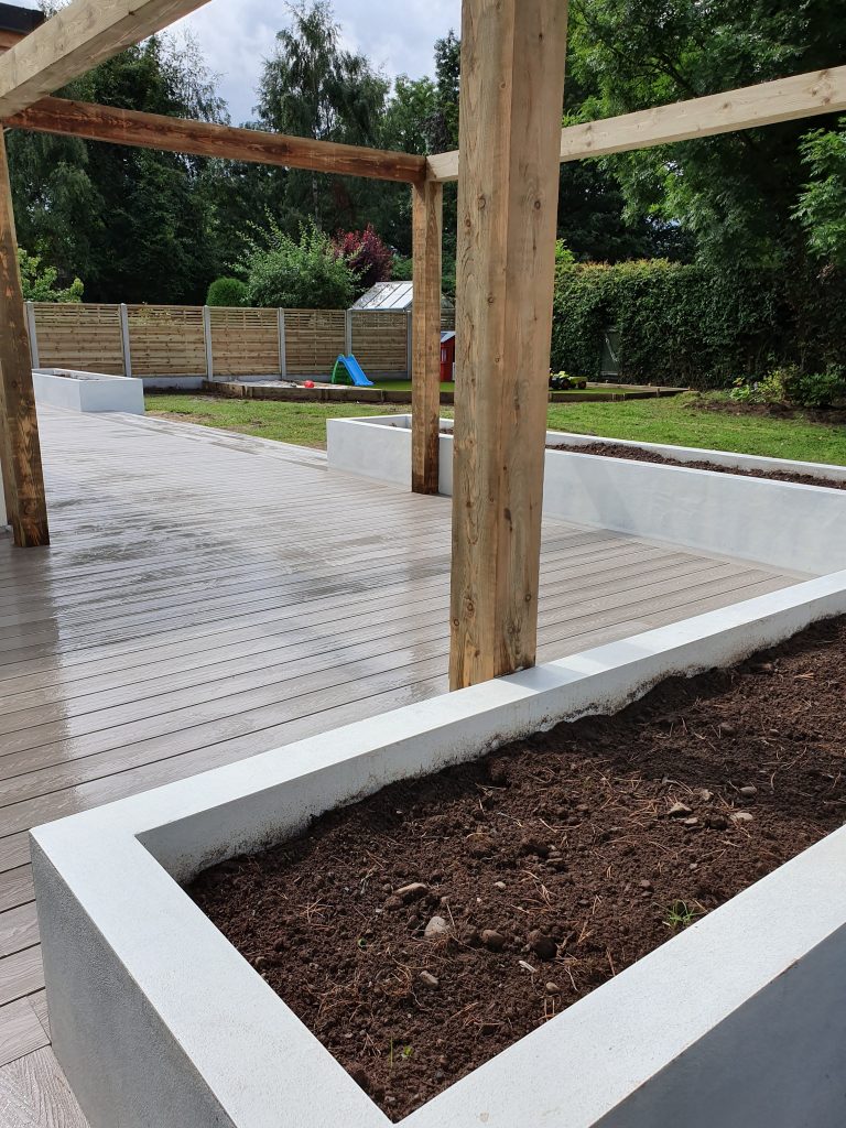 decking, pergola and rendered planters in Dalston Cumbria