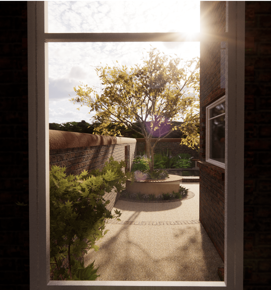 tree in planter through window