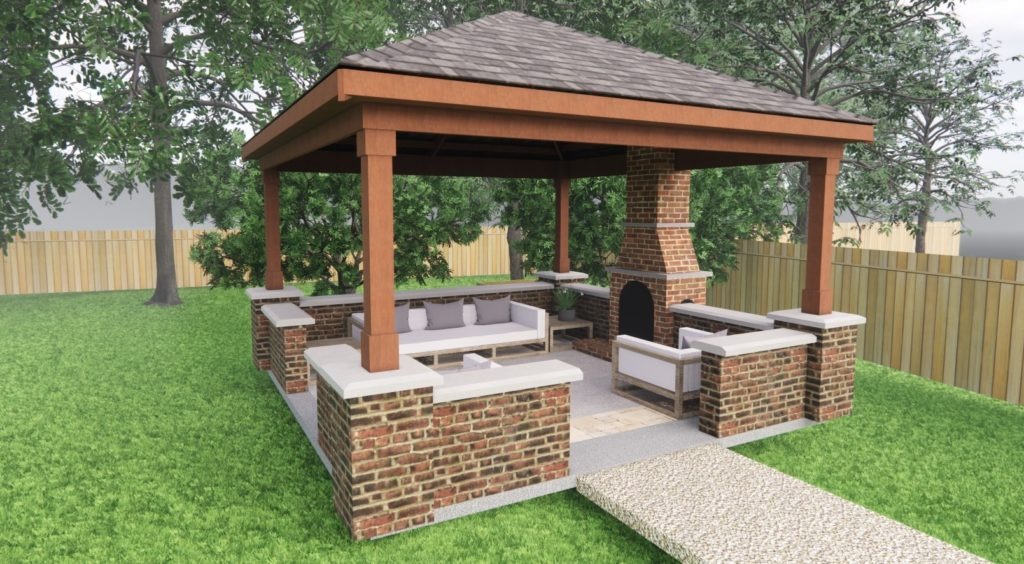 a brick gazebo with outside fireplace